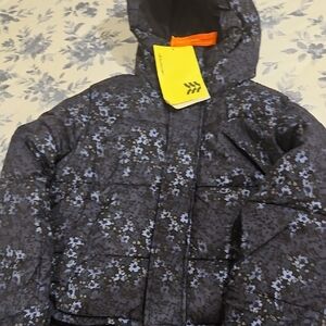 Floral Kids Puffer Jacket - Black and Blue